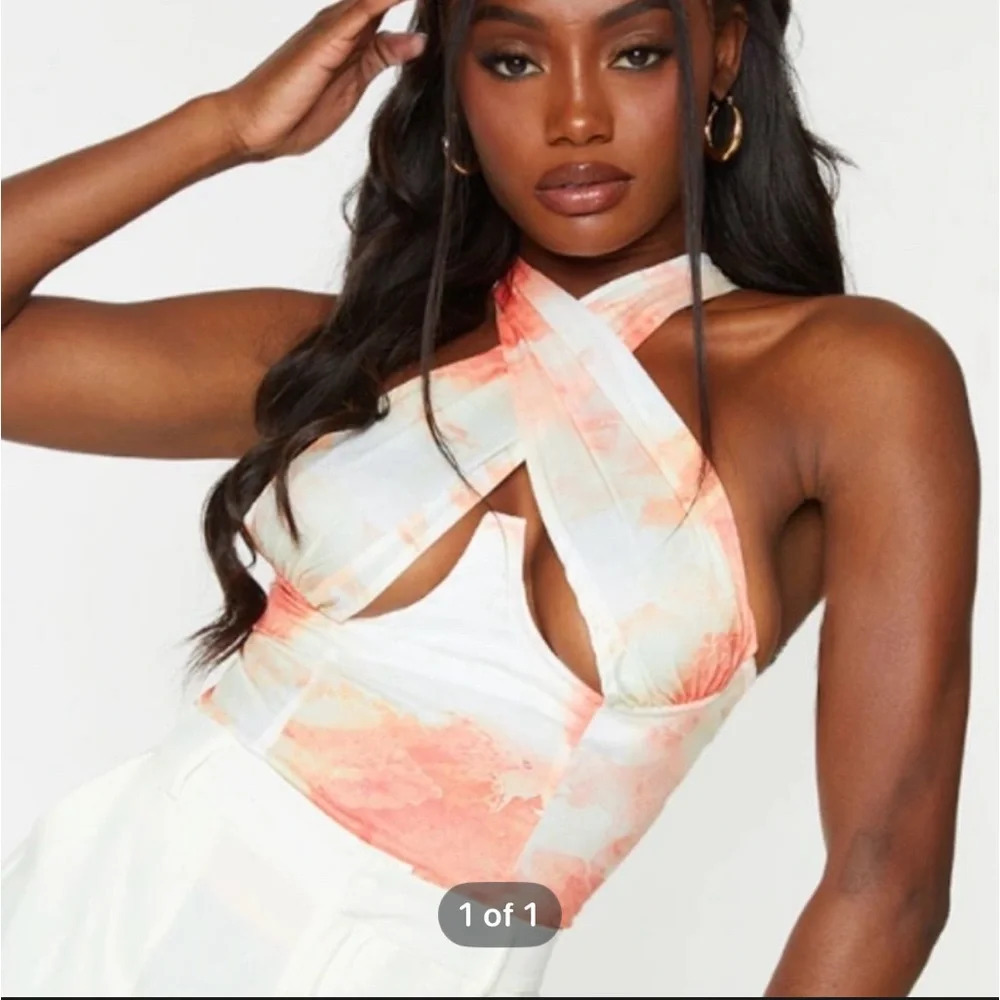 PrettyLittleThing Tie Dye Abstract Underbust Halterneck Cross Over Zip Crop Top
